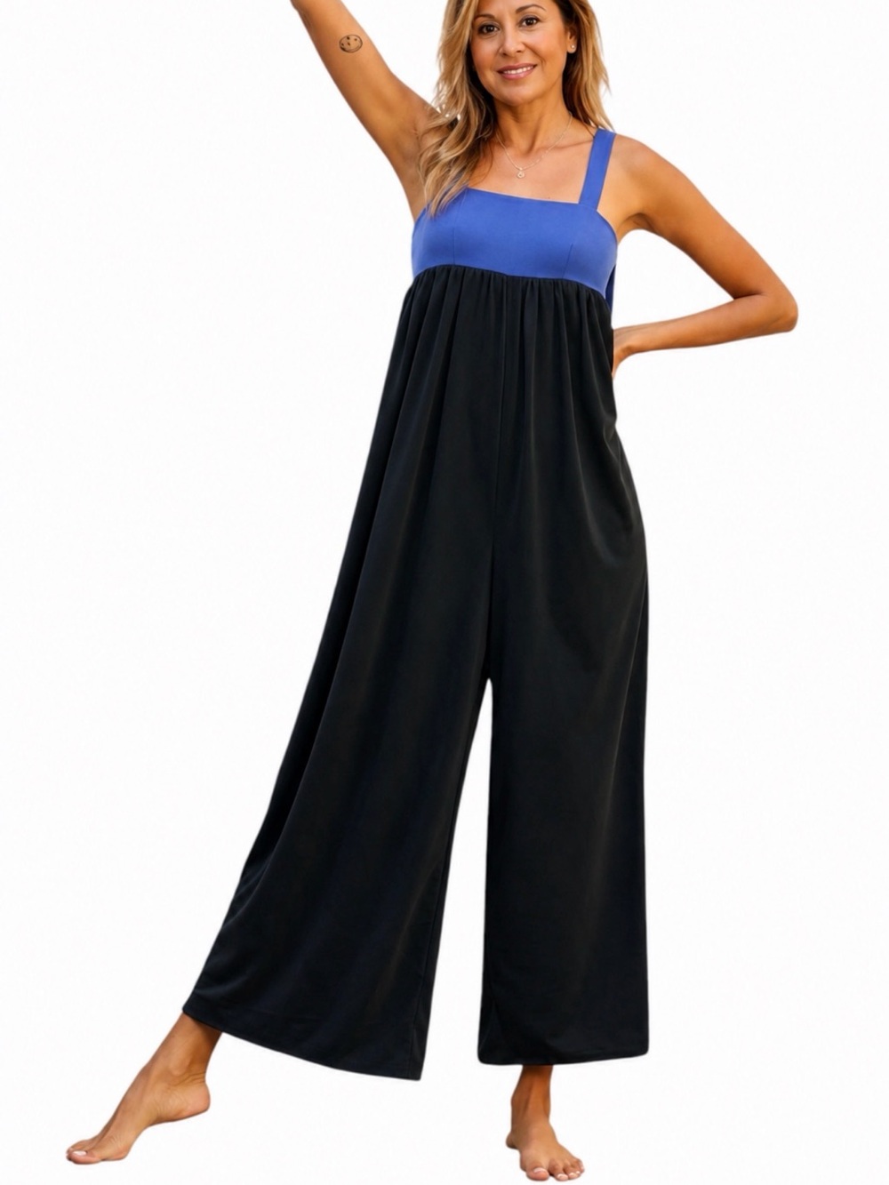 Celandine Blue  Draped Square-Neck Wide-Leg Jumpsuit Size Medium